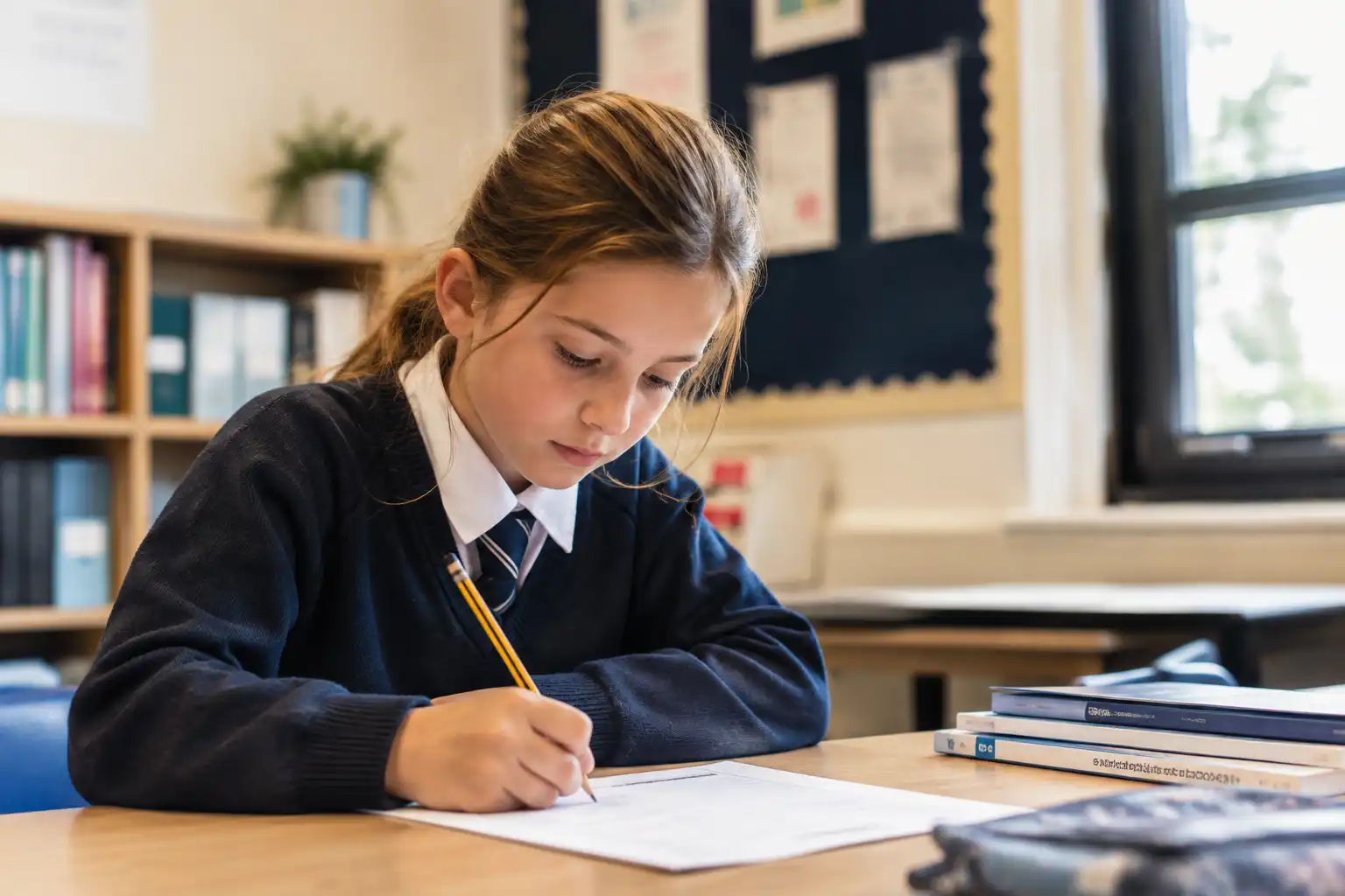 A pupil working through 11+ practice questions