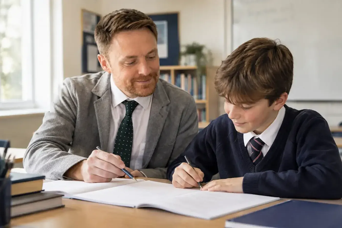 A pupil working through 11+ practice questions